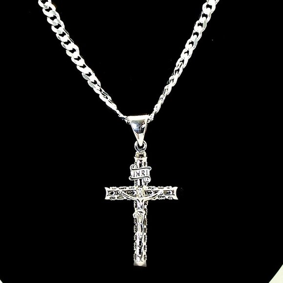 925 Sterling Silver Curb Chain w Crucifix Pendant, 20", 4.5 mm | Christian Cross - Picture 1 of 7